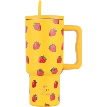 Drinking bottle, 900 ml, yellow with strawberry patterns