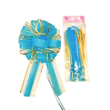 Organza ribbon, 6.4×170 cm, light blue with gold stripes