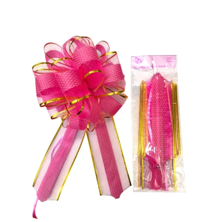 Organza ribbon, 6.4×170 cm, pink with gold stripes