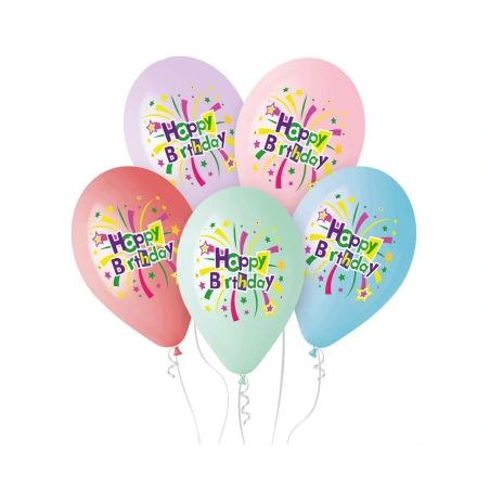Helio balionai „Happy birthday“, 13", 1 pak. - 5 vnt.