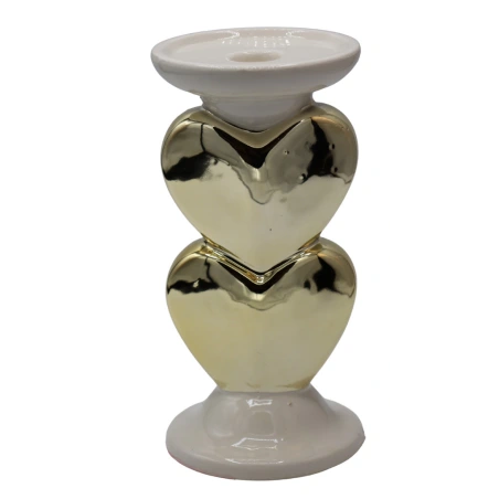 Candle holder, ceramic, with 2 gold hearts, 10×20 cm