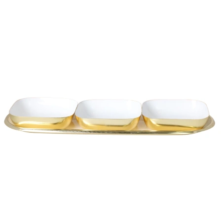 Metal tray with 3 gold-white bowls, 35×12 cm