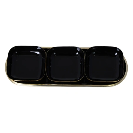 Metal tray with 3 black bowls, 35×12 cm