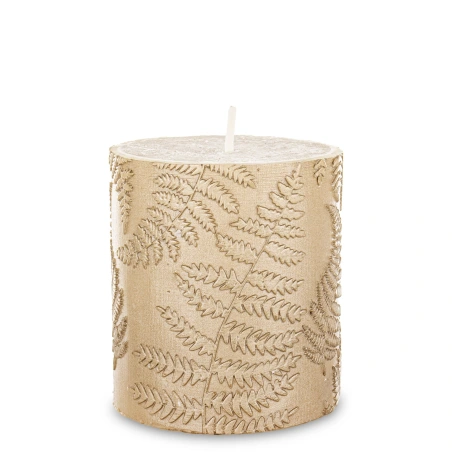Candle, 8×7×7 cm, cream color, decorated with fern leaves