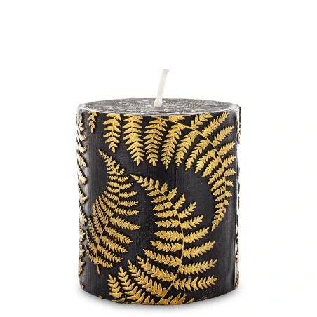 Candle, 8×7×7 cm, black, decorated with gold fern leaves
