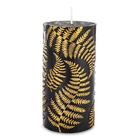 Candle, 14×7×7 cm, black, decorated with gold fern leaves
