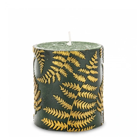 Candle, 8×7×7 cm, green, decorated with gold fern leaves