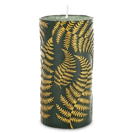 Candle, 14×7×7 cm, green, decorated with gold fern leaves
