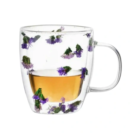 Mug, 350 ml, clear glass with colorful flowers