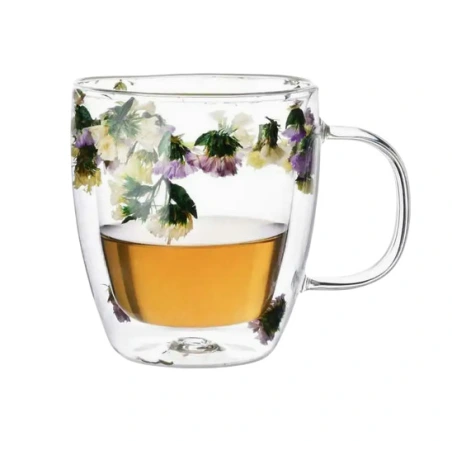 Mug, 350 ml, clear glass with colorful flowers