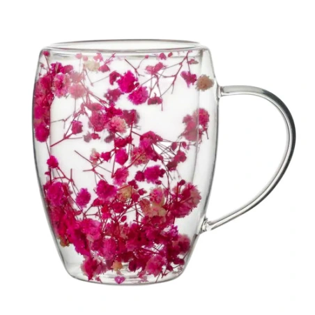Mug, 320 ml, clear glass with pink flowers