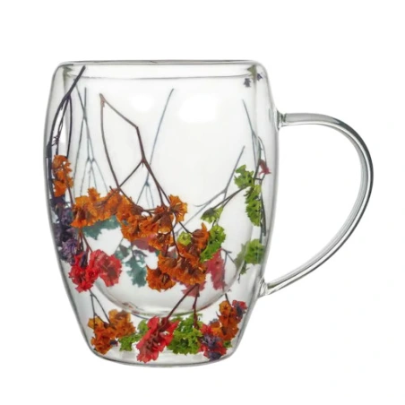 Mug, 320 ml, clear glass with colorful flowers