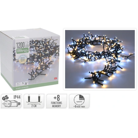 Virtene, 1200 LED, 24 m, balta un silti balta