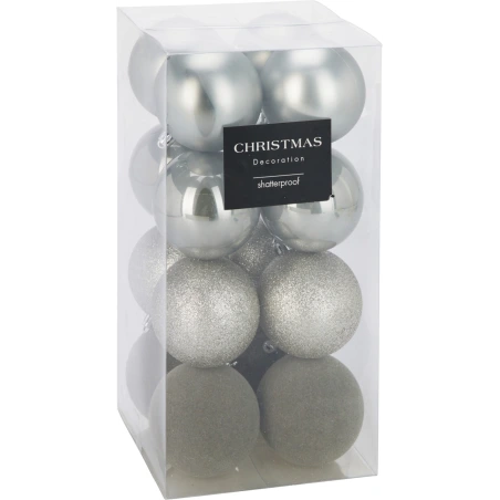 Christmas tree toys, 8 cm, silver color, 1 pack - 16 pcs.