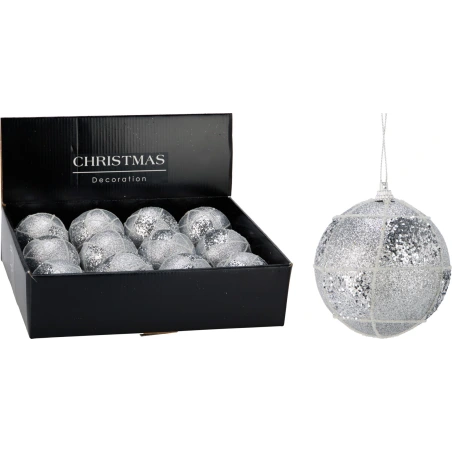 XMAS BALL 80MM GLITTER SILVER