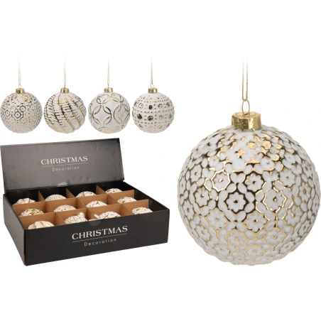 XMAS BALL GLASS 8CM WHITE GOLD