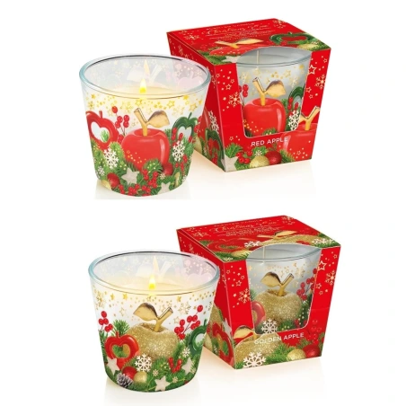 Aromātiskā svece stikla traukā, 2 aromāti – „Red apple“ un „Gold apple“, 115 g, degšanas laiks 30 h