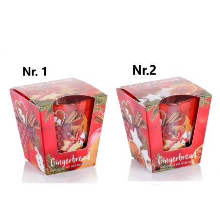 Aromātiskā svece „Gingerbread“ (2 aromāti – kanēlis un ābols, apelsīns un anīss) stikla traukā, 115 g, degšanas laiks 30 h