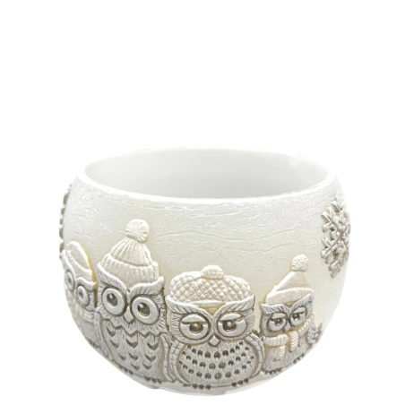 Tea Light Candle, Sphere Shape (Ø 12 cm), in Candle Holder Decorated with Owls, White Color