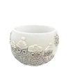 Tea Light Candle, Sphere Shape (Ø 12 cm), in Candle Holder Decorated with Owls, White Color