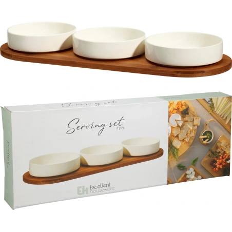 Serving Set: 3 Bowls (each 15×4,5 cm, 390 ml) and Tray, 50×18,5 cm