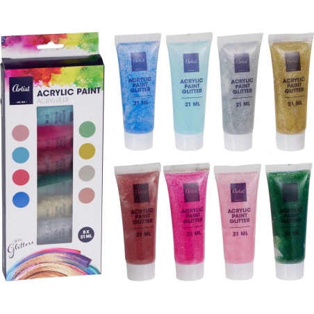Acrylic Paint Set with Glitter, 1 Pack – 8 pcs