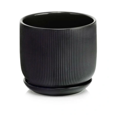 Ceramic Planter with Saucer, 14×12 cm, Matte Black
