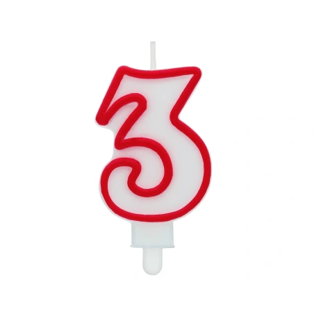 Gimtadienio žvakutė „Skaičius 3“, 8 cm, balta su raudonais kontūrais