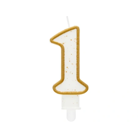 Birthday Number 1 Candle, White with Gold Outline