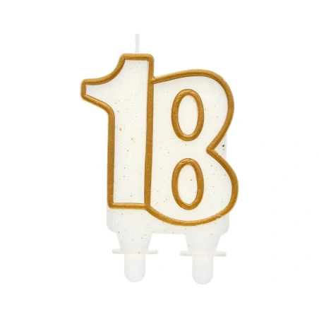 Birthday Candle "Number 18", 8 cm, White with Gold-Colored Outlines