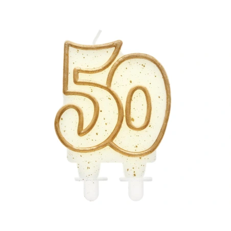Gimtadienio žvakutė „Skaičius 50“, 8 cm, balta su aukso spalvos kontūrais
