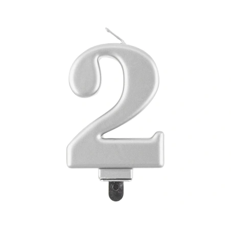 Gimtadienio žvakutė „Skaičius Nr.2“, 8 cm, metalinės sidabro spalvos