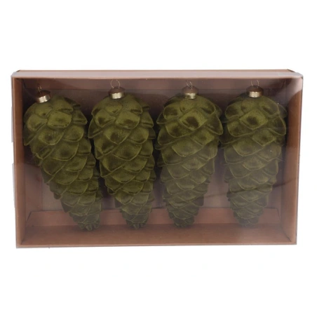 Flocked Plastic Christmas Ornaments, 14 cm, Olive Green, 1 pack - 4 pcs