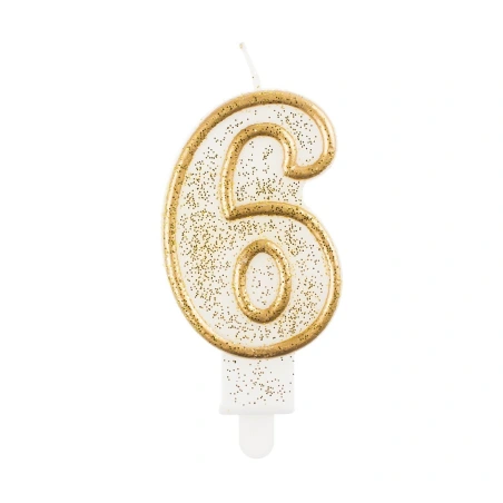 Birthday Candle „6“, white & gold, 9 cm