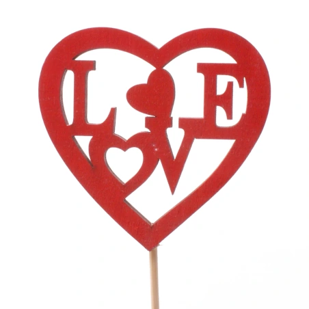 Medinė širdis,  8 cm ant 50 cm pagaliuko, raudonos spalvos, FSC