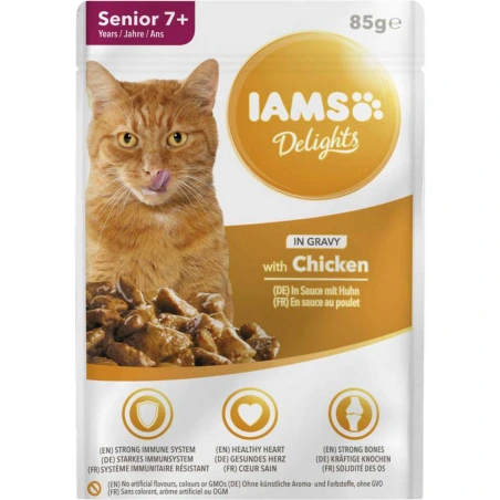 IAMS Delights konservuotas ėdalas su vištiena pagyvenusiems katinams, 85 g