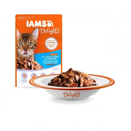 IAMS Delights  konservuotas ėdalas su tunu ir silke drebučiuose suaugusioms katėms, 85 g