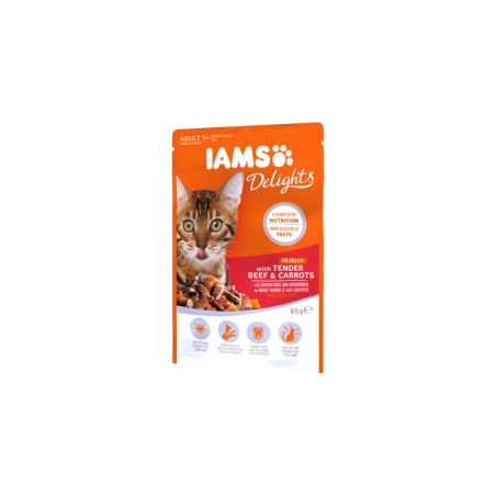 IAMS Delights konservuotas  ėdalas su jautiena ir morkomis drebučiuose suaugusioms katėms, 85 g