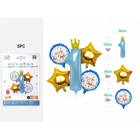 Balionų rinkinys „1“ su karūna, mėlynos spalvos, 1 pak. - 5 vnt.